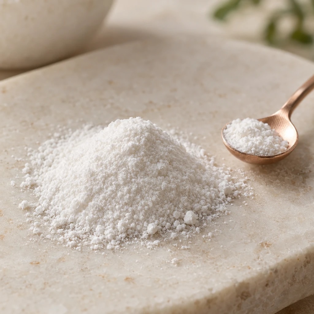 A mound of fine white powder beside a small rose-gold spoon