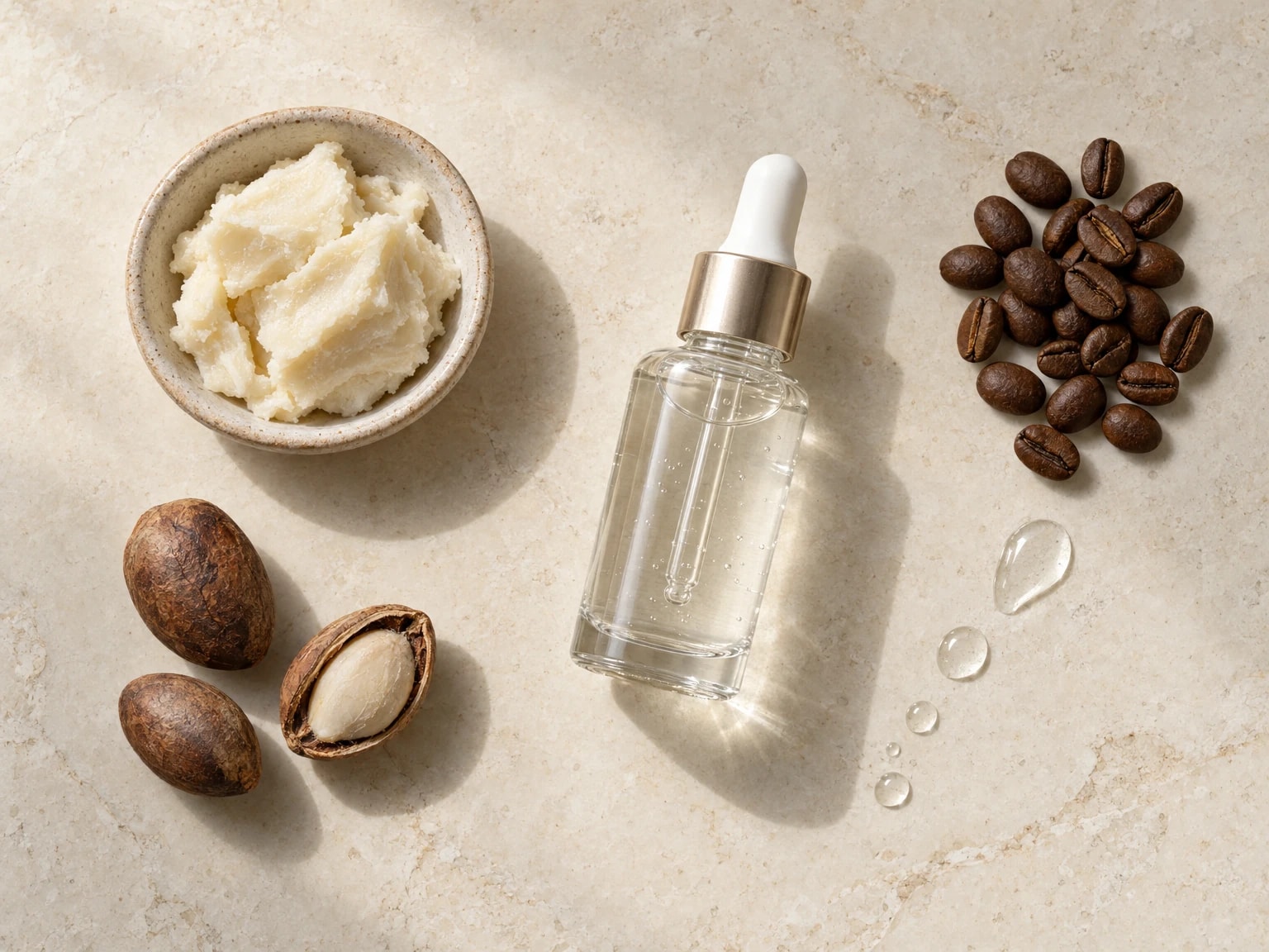 Cupuaçu butter, a dropper of hyaluronic acid serum and coffee beans, laid out on stone