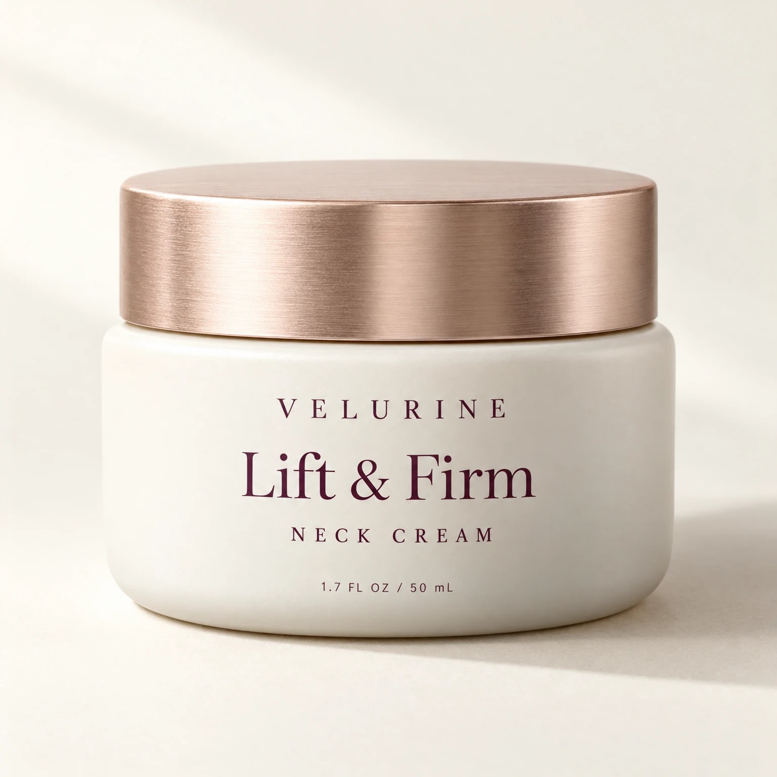 Velurine Lift & Firm Neck Cream, a 50 mL ivory jar with a rose-gold lid