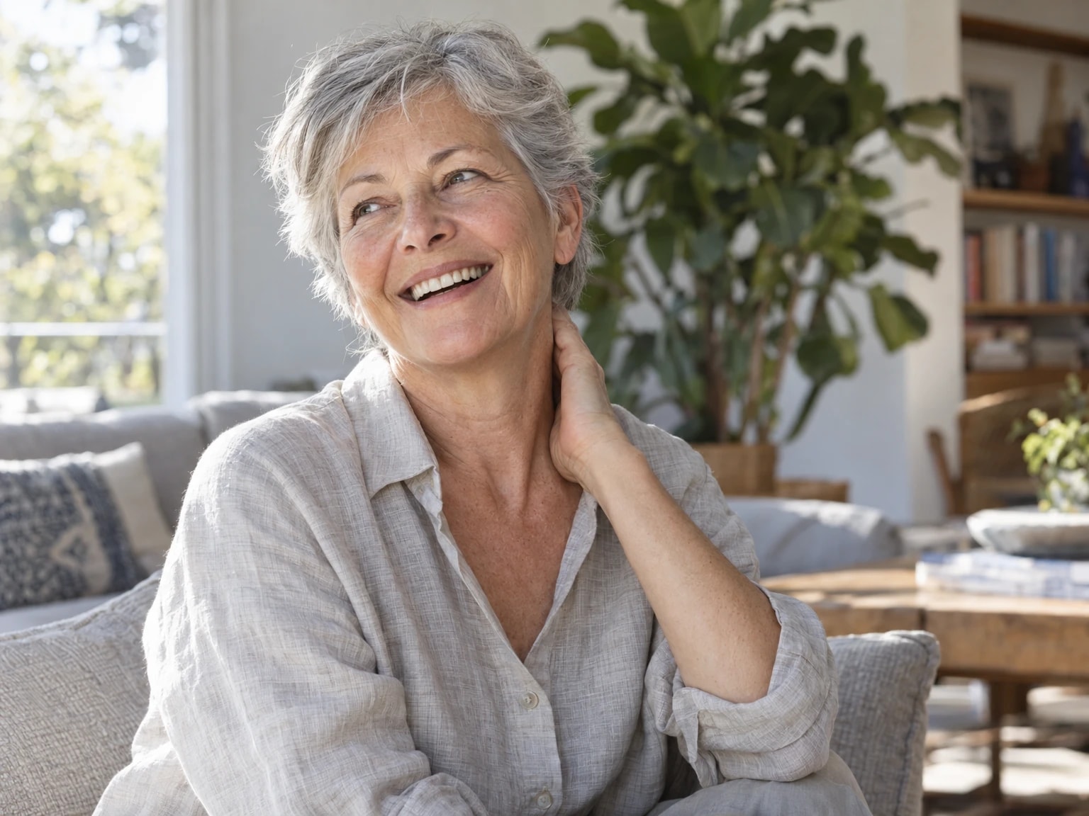 A woman in her sixties laughing softly with her hand at the side of her neck